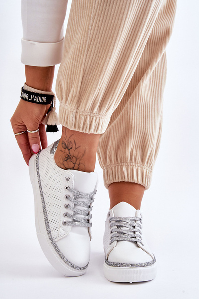 Trampki Niskie Damskie Perforacja Biało-Srebrne  Daxton