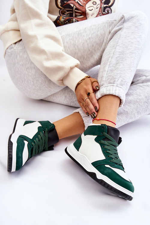 Buty Sportowe Trampki Wysokie Damskie Biało-Zielone Rumour