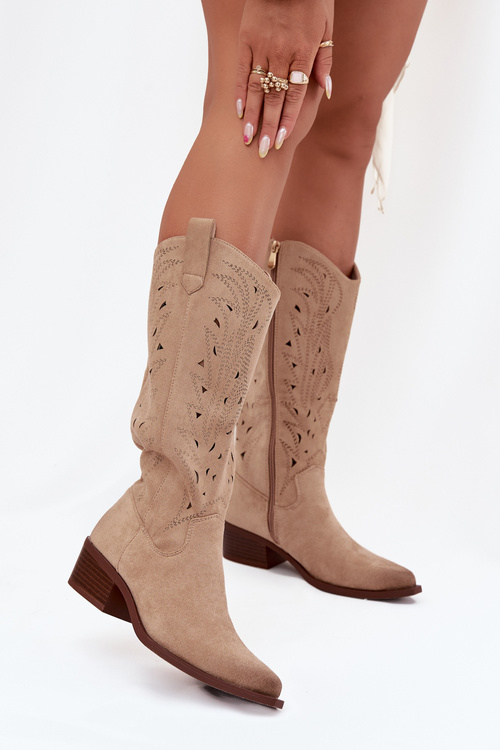 Cowboy Boots With Perforated Pattern On Low Heel Beige Selirae