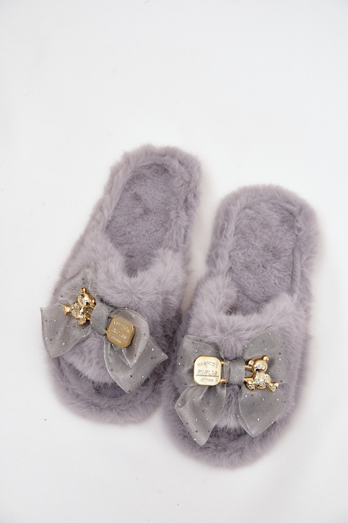 Furry Women's Slippers With Bow And Gold Embellishment Gray Nolara