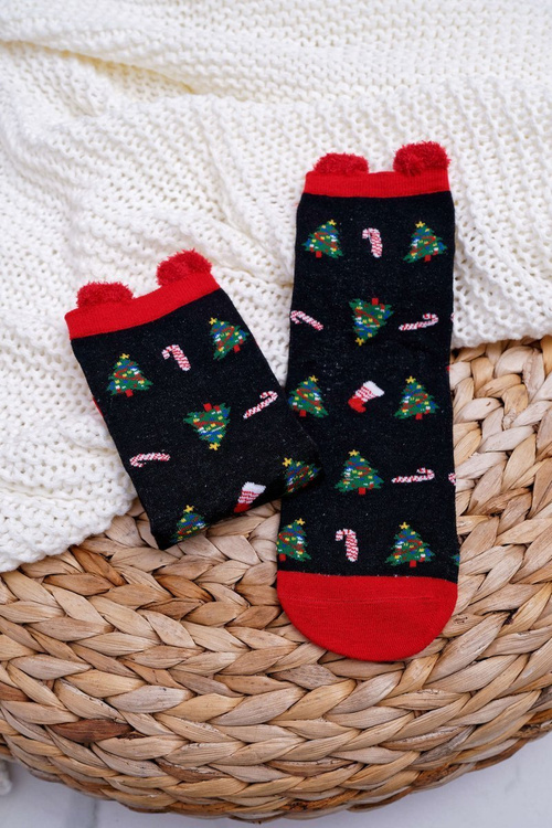 Women's Christmas Socks Black With Ears In Christmas Trees
