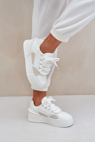 Sneakersy Damskie Na Platformie Grube Sznurówki Białe Laloma