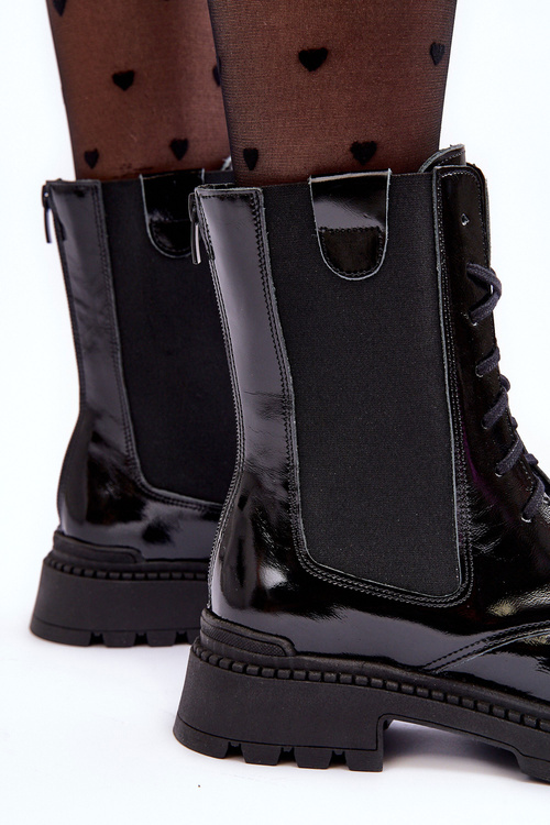 Workery Botki Damskie Sznurowane Skóra Czarne Nicole 2836