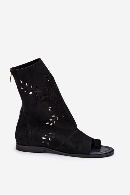 Zazoo 3437 Women's Suede Sandals With Zippered Shaft Black