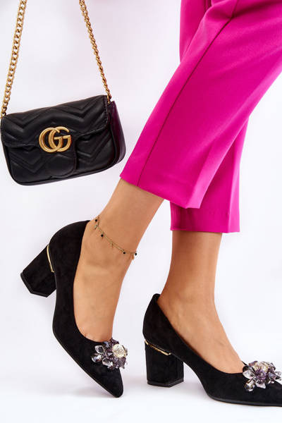 Elegant Suede Pumps With Decoration Black Elianne
