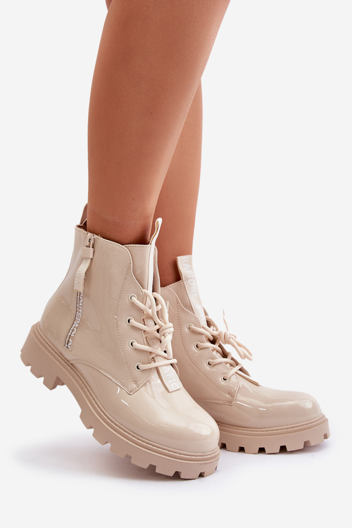 Lakierowane Ocieplane Botki Workery Napisy Beżowe Zinfreya