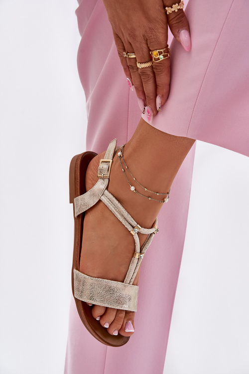 Sandały Damskie Płaskie Z Paskami Złote S.Barski KV51-120