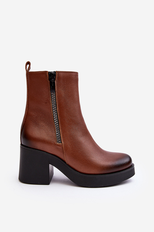 Leather Boots with Chunky Heel and Zippers Brown Lemar Littosa