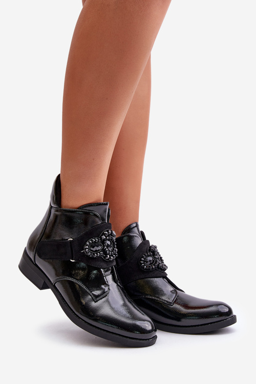 Botki Damskie Lakierowane Ocieplane Ozdoba Czarne S.Barski HY42-021