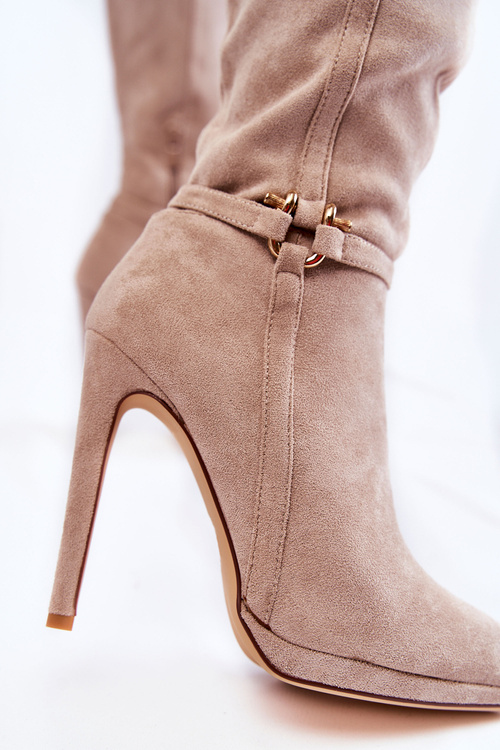 Kozaki Klasyczne Zamsz Obcas Beżowe Linney