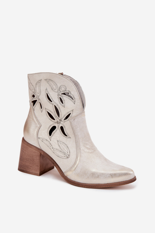 Women's Openwork Boots Made of Natural Leather on Heel Zazoo 3690 Gold Distressed