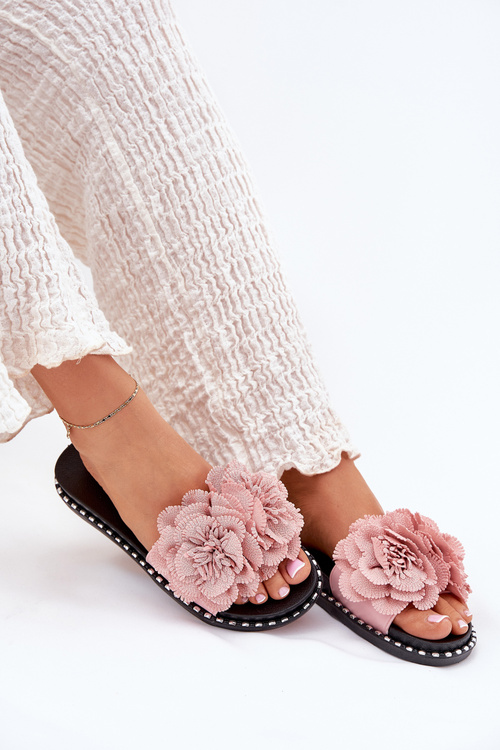 Ladies Slippers With Fabric Flowers Pink Elachase