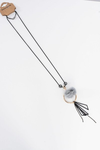 Women's Necklace With Pompon Long Chain Grey