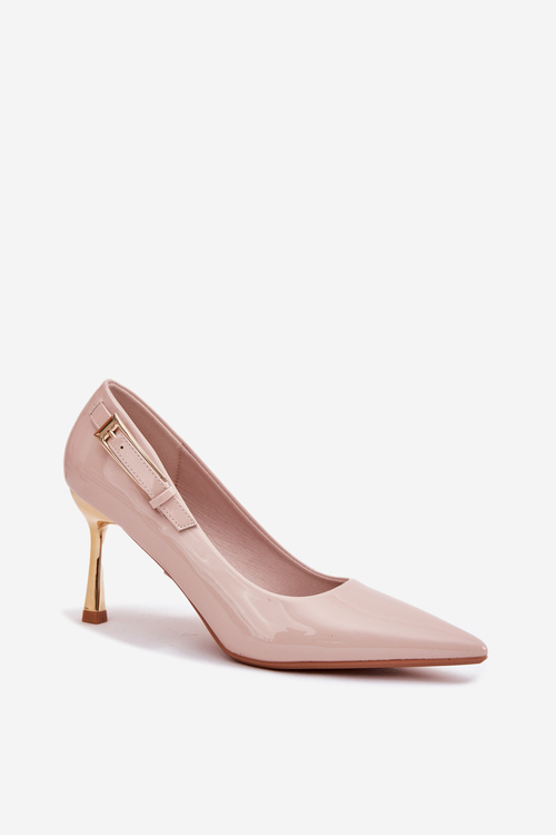 Szpilki Lakierowane Złota Klamra Beżowe Mivira