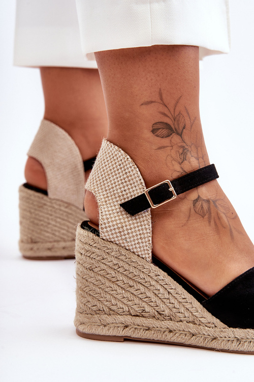 Sandały Zamsz Koturn Czarne Selfoss 2908