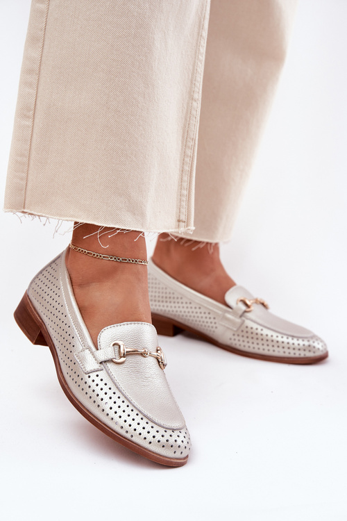 Leather Women's Moccasins With Decoration On Flat Heel S.Barski LR51-594 Silver