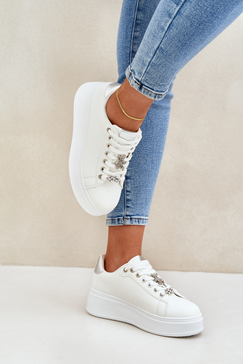 Eco Leather Sneakers With Clips White-Silver Enalirae