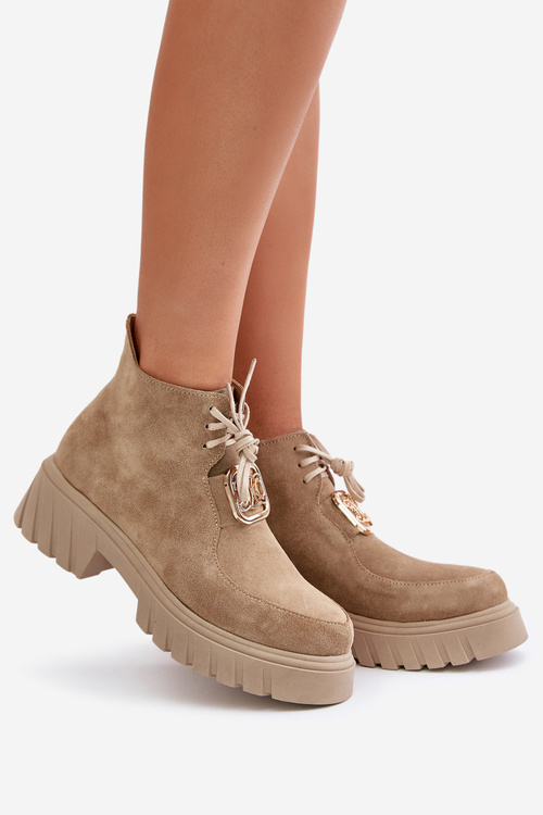 Suede Ankle Boots With Golden Decoration Beige Zazoo 2952