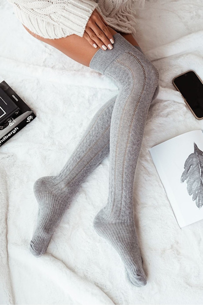 Damskie Zakolanówki Ażurowe Warkocz Szare