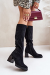 Decorated Ladies Knee High Boots Insulated On Heel Black MR880-158