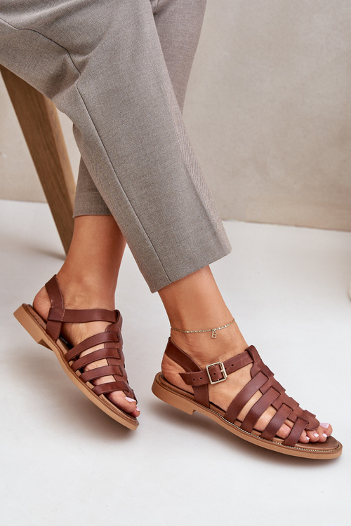 Sandały Płaski Obcas Skóra Naturalna Brązowe Zazoo 3686