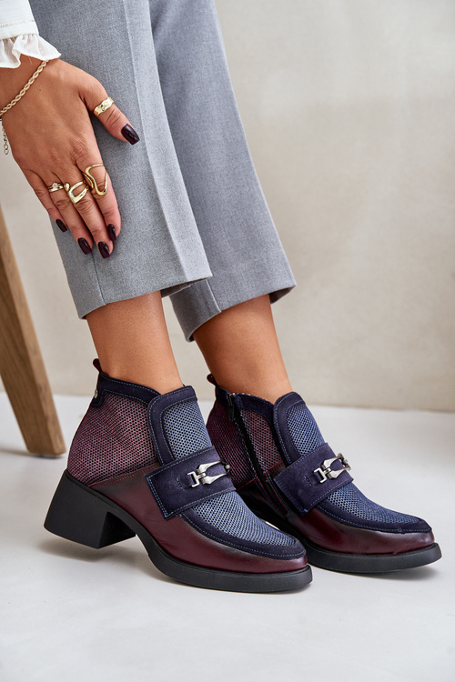 Leather Women's Boots On Thick Heel With Decoration Maciejka A6747-23 Burgundy-Naval Blue