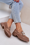 Eco Suede Women's Moccasins With Decorative Brooch Dark Beige Valiana