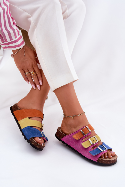Ladies Suede Slippers With Buckles Panto Fino Fuksja RR267033