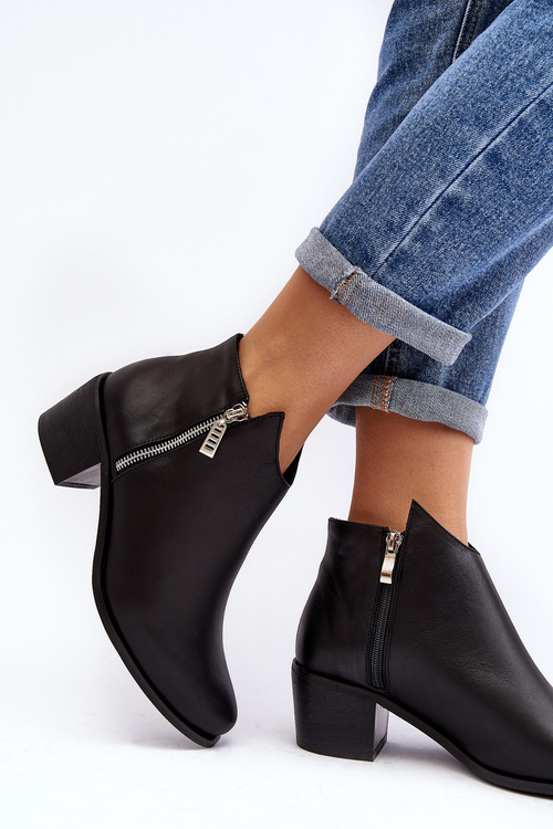 Black Leather Women's Ankle Boots with Low Shaft and Zippers Annaja