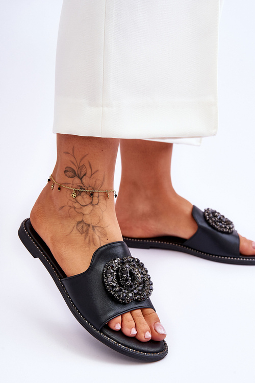 Klapki Damskie Płaskie Ozdoby Czarne S.Barski KV-520-3