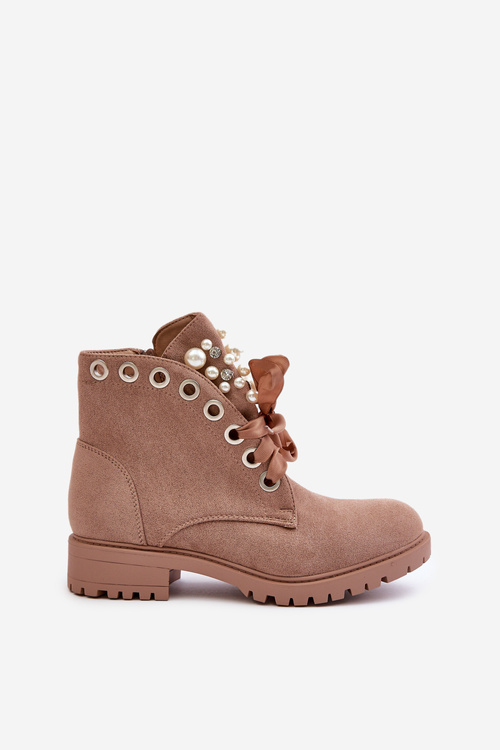 Suede Warm Ankle Boots With Pearls And Ribbon Beige Perla