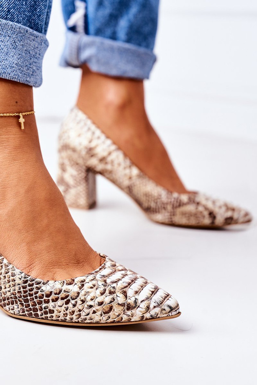 Skórzane Czółenka Z Wężowym Wzorem Lewski Shoes 2801 Złote