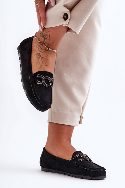 Mokasyny Damskie Zamsz Płaska Podeszwa Czarne Appia 1018