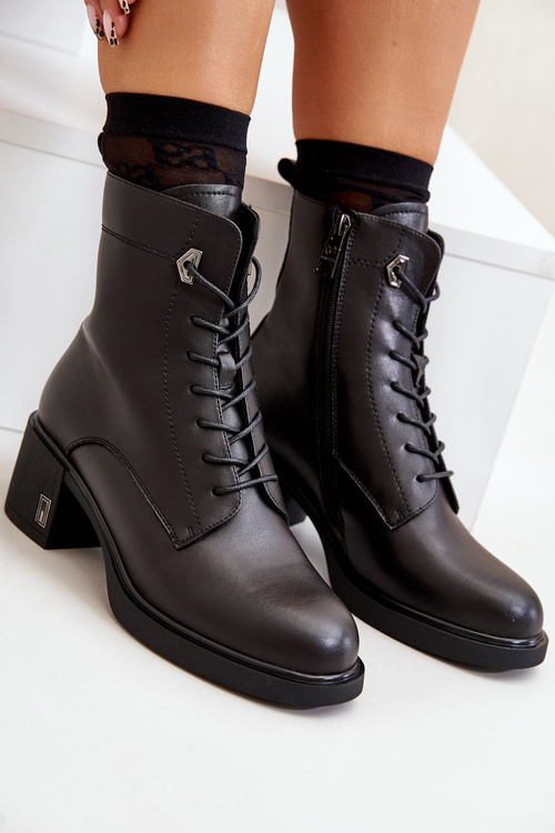 Lace Up Women's Heeled Boots Made Of Natural Leather Insulated Black Vinceza 91110