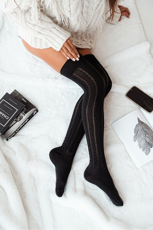 Damskie Zakolanówki Ażurowe Warkocz Czarne