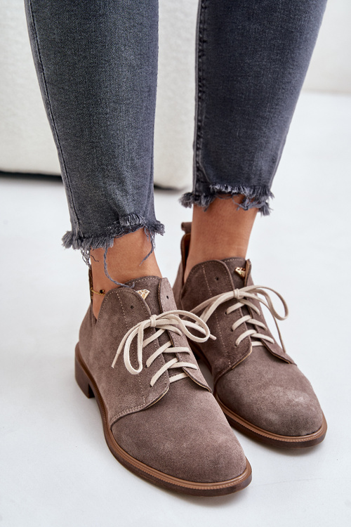 Zazoo 2959 Suede Oxfords Lace-Up Flat Heels Dark Beige