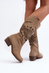 Zazoo 4043 Suede Boots with Low Heel Beige Openwork