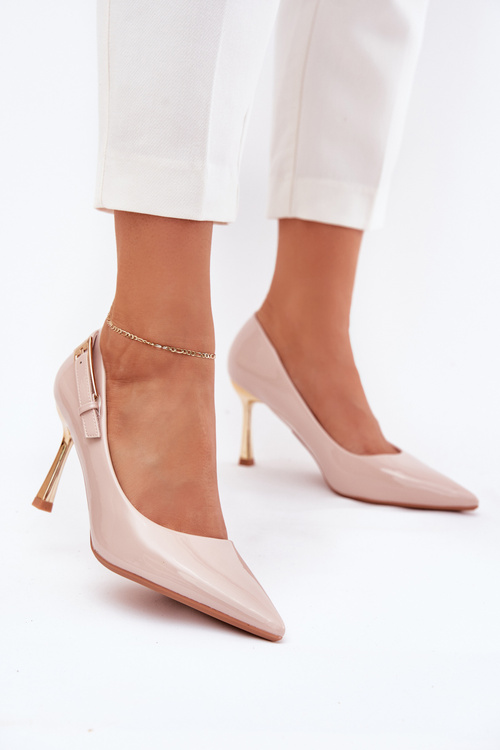 Szpilki Lakierowane Złota Klamra Beżowe Mivira 