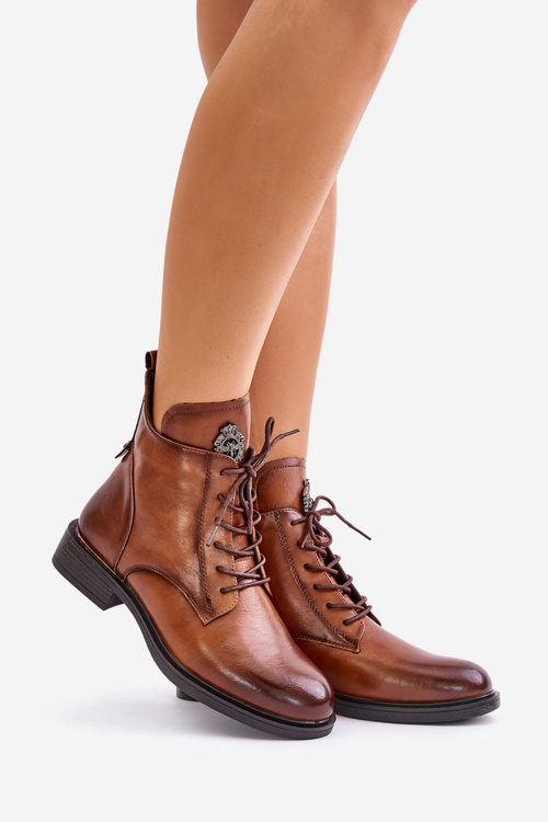 Insulated Ankle Boots With Flat Heel And Decoration Camel Leonise