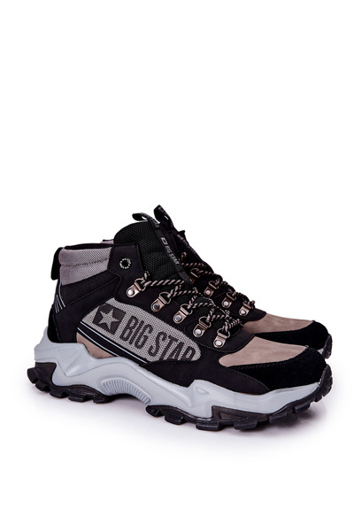 Buty Trekkingowe Skórzane Wiązane Big Star Czarno-Szare II174203