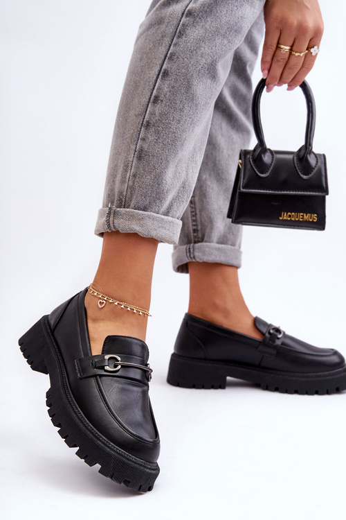 Women's Leather Moccasins on Platform Black Detes