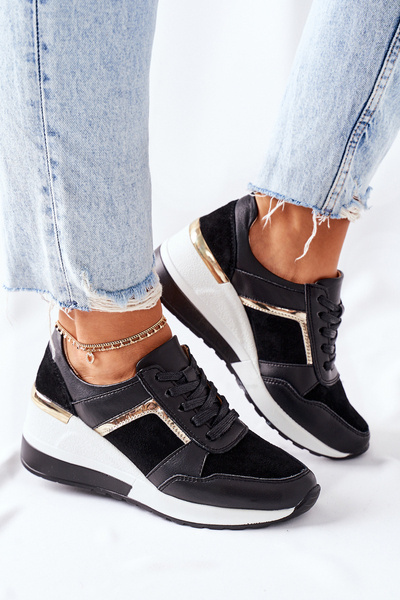 Women’s Leather Wedge Sneakers Black White Manitoba