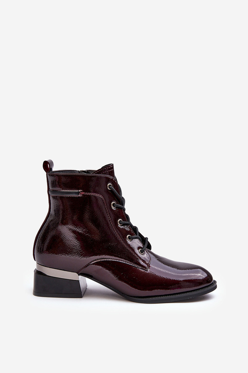 Botki Lakierowane Sznurowane Suwak Bordowe Achonia 58158
