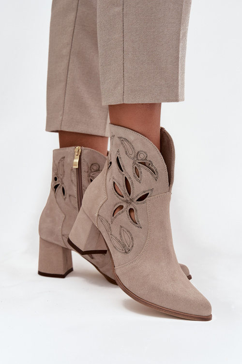 Suede openwork women's ankle boots with heel Zazoo 3647 Cappuccino