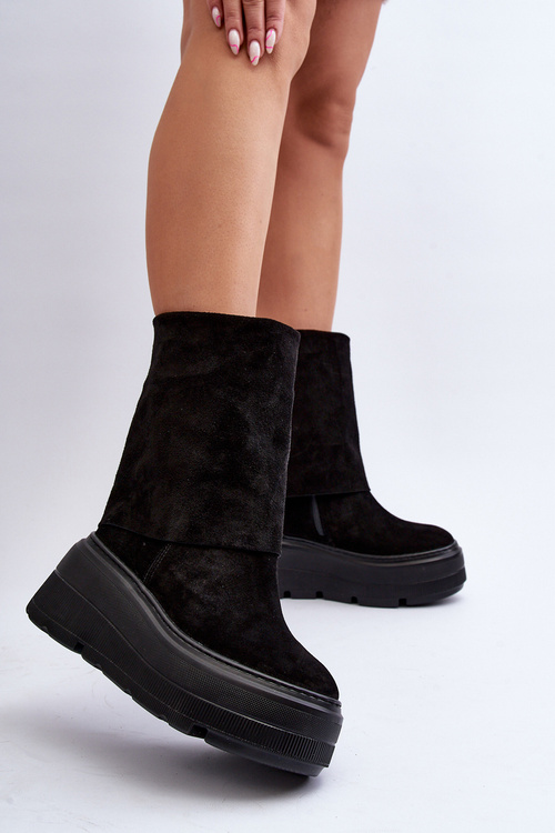 Zazoo 3410 Zamszowe Damskie Botki Masywna Platforma Czarne