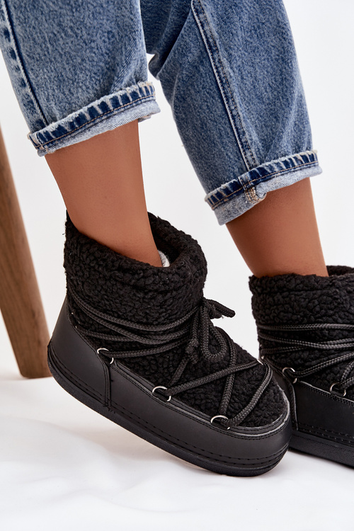 Women's Snow Boots with Sheepskin Type Fur Laced Black Belira