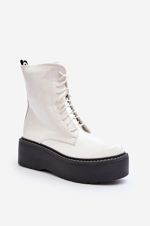 Women's White Patent Leather Boots with Chunky Sole Movana