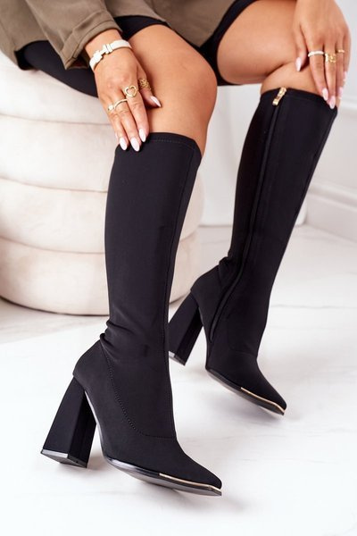 High Boots On A Block Heel Made of Elastic Fabric Black Effect Wow