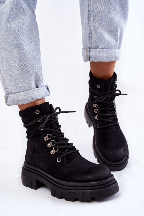 Leather Warm Lace-up Boots Black Merisha