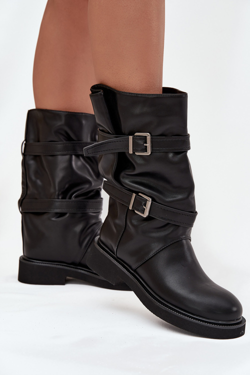 Wrinkled Women's Boots To The Middle Of The Calf With Straps And Buckles Black Halvessa